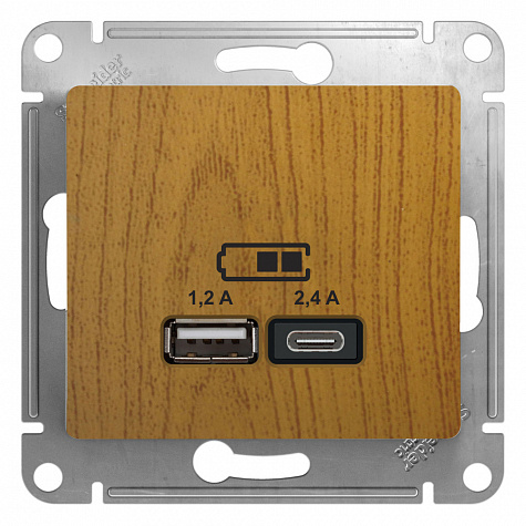 Розетка для зарядки с USB тип A+С 5В/2,4А Дерево дуб Glossa