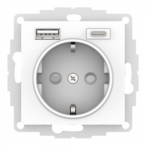 Розетка с заземлением и шторками 16А с 2хUSB тип A+C 5В/2,4А/3,0А Белый AtlasDesign