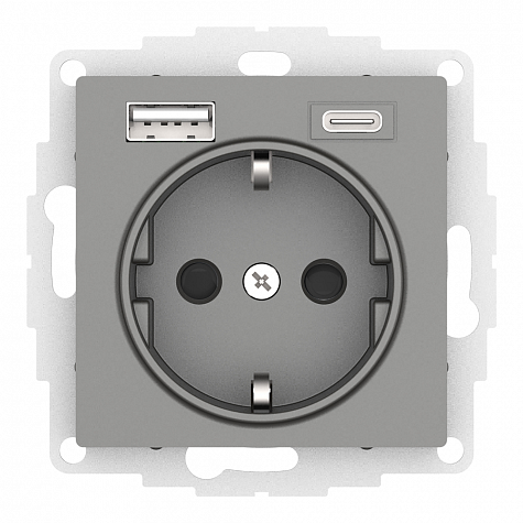 Розетка с заземлением/шторками 16А c 2хUSB тип A+C 5В/2,4А/3,0А Сталь AtlasDesign