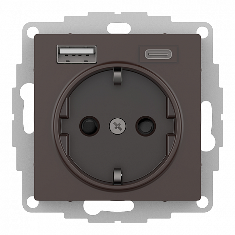 Розетка с заземлением и шторками 16А c 2хUSB тип A+C 5В/2,4А/3,0А Мокко AtlasDesign