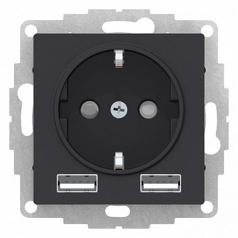 Розетка с заземлением/шторками 16А c 2хUSB тип A+A 5В/2,4А Карбон AtlasDesign