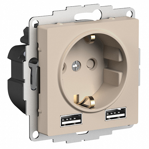 Розетка 16А c 2 USB A+A, 5В/2,4А, 2х5В/1,2А, механизм Песочный AtlasDesign