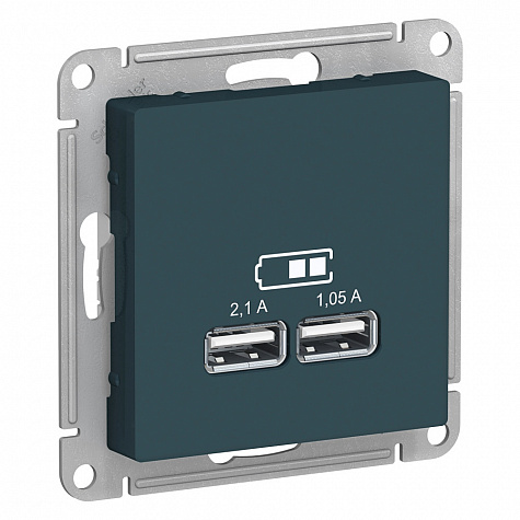 Розетка для зарядки с USB тип A+A 5В/2,1А Изумруд AtlasDesign