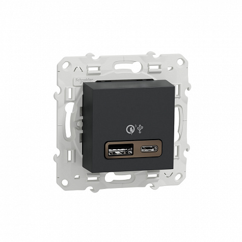 Розетка для зарядки с USB 2-местная тип А+С 18Вт быстрая зарядка Антрацит Unica new   