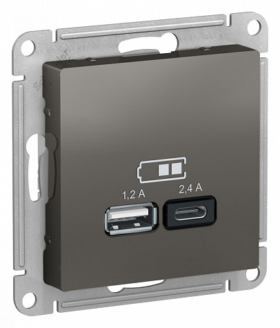 Розетка для зарядки с USB тип A+С 5В/2,4А Сталь AtlasDesign