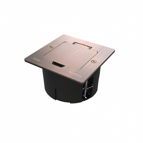 Лючок MultiDesk с розеткой 2К+З, 16А IP44 с монтажной коробкой для стены, фальшпола, стола Медь