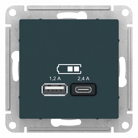 Розетка для зарядки с USB тип A+С 5В/2,4А Изумруд AtlasDesign