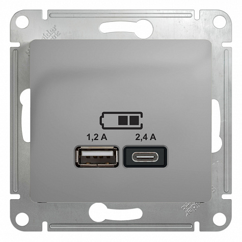 Розетка для зарядки с USB тип A+С 5В/2,4А Алюминий Glossa