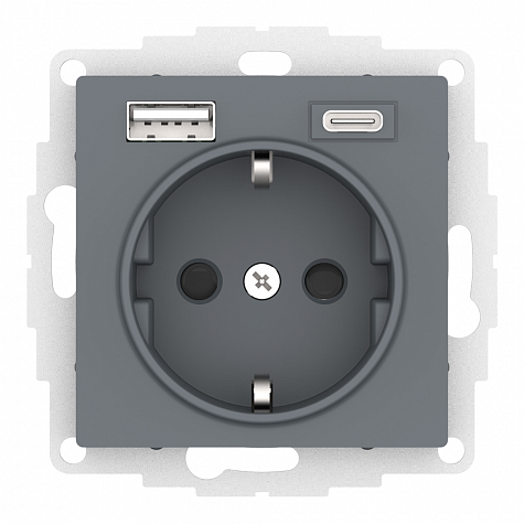 Розетка с заземлением/шторками 16А c 2хUSB тип A+C 5В/2,4А/3,0А Грифель AtlasDesign