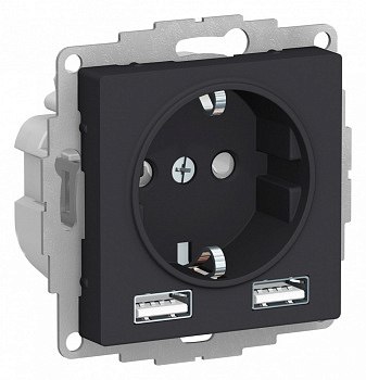 Розетка с заземлением/шторками 16А c 2хUSB тип A+A 5В/2,4А Карбон AtlasDesign