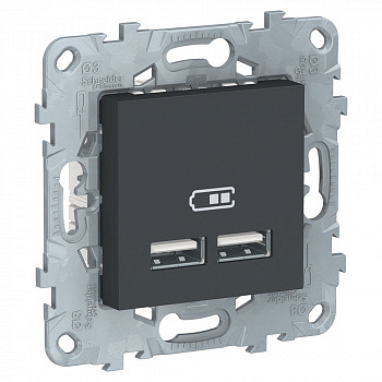 Розетка для зарядки с USB двойная тип А+А 5В/2,1А Антрацит Unica new