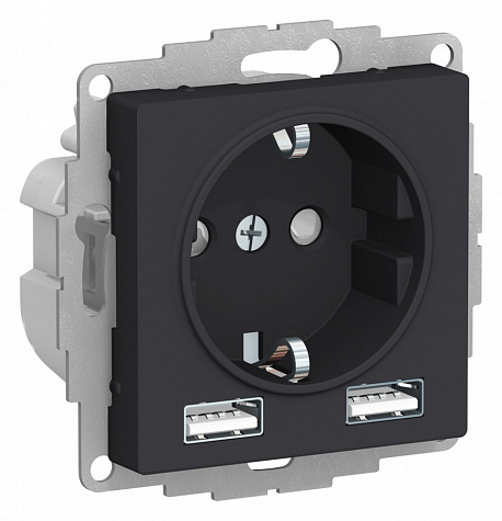 Розетка с заземлением/шторками 16А c 2хUSB тип A+A 5В/2,4А Карбон AtlasDesign