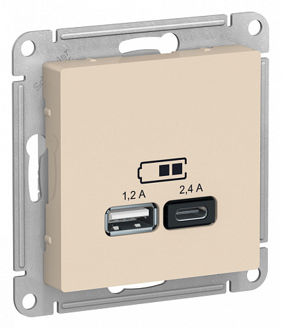 Розетка для зарядки с USB тип A+С 5В/2,4А Бежевый AtlasDesign