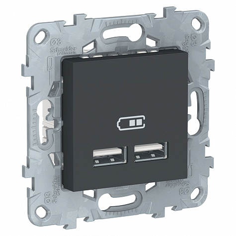 Розетка для зарядки с USB двойная тип А+А 5В/2,1А Антрацит Unica new
