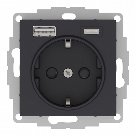 Розетка с заземлением/шторками 16А c 2хUSB тип A+С 5В/2,4А/3,0А Карбон AtlasDesign