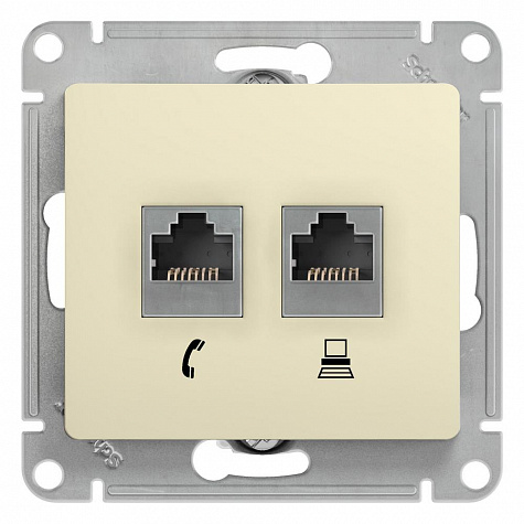 Розетка двойная RJ11+RJ45 категория 5E Бежевый Glossa