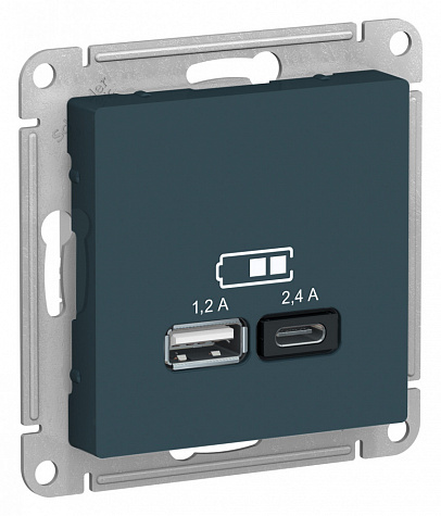 Розетка для зарядки с USB тип A+С 5В/2,4А Изумруд AtlasDesign