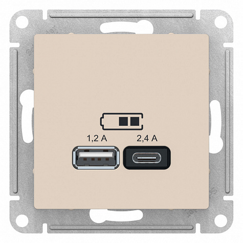 Розетка для зарядки с USB тип A+С 5В/2,4А Бежевый AtlasDesign