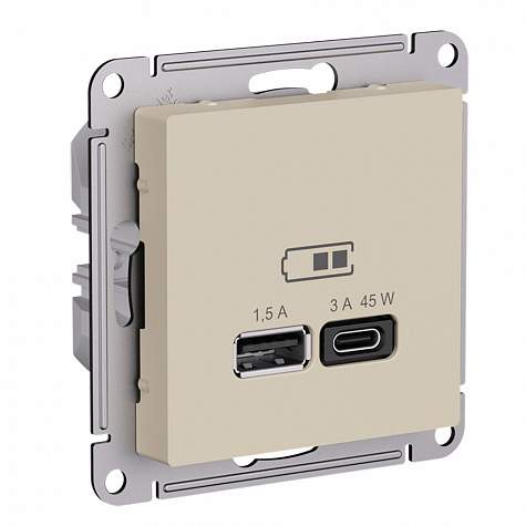 Розетка USB A + тип-C 45Вт высокоскор.заряд. QC,PD, механизм Песочный AtlasDesign