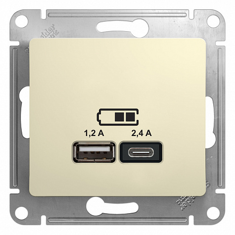 Розетка для зарядки с USB тип A+С 5В/2,4А Бежевый Glossa
