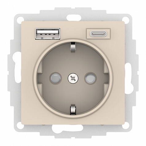 Розетка с заземлением и шторками 16А c 2хUSB тип A+C 5В/2,4А/3,0А Бежевый AtlasDesign