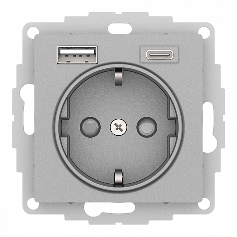Розетка с заземлением и шторками 16А c 2хUSB тип A+C 5В/2,4А/3,0А Алюминий AtlasDesign