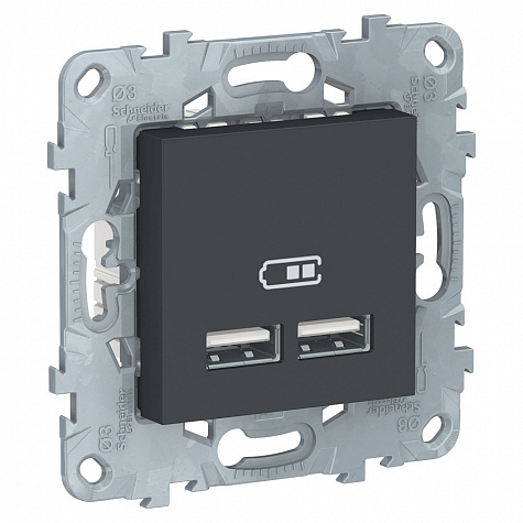 Розетка для зарядки с USB двойная тип А+А 5В/2,1А Антрацит Unica new